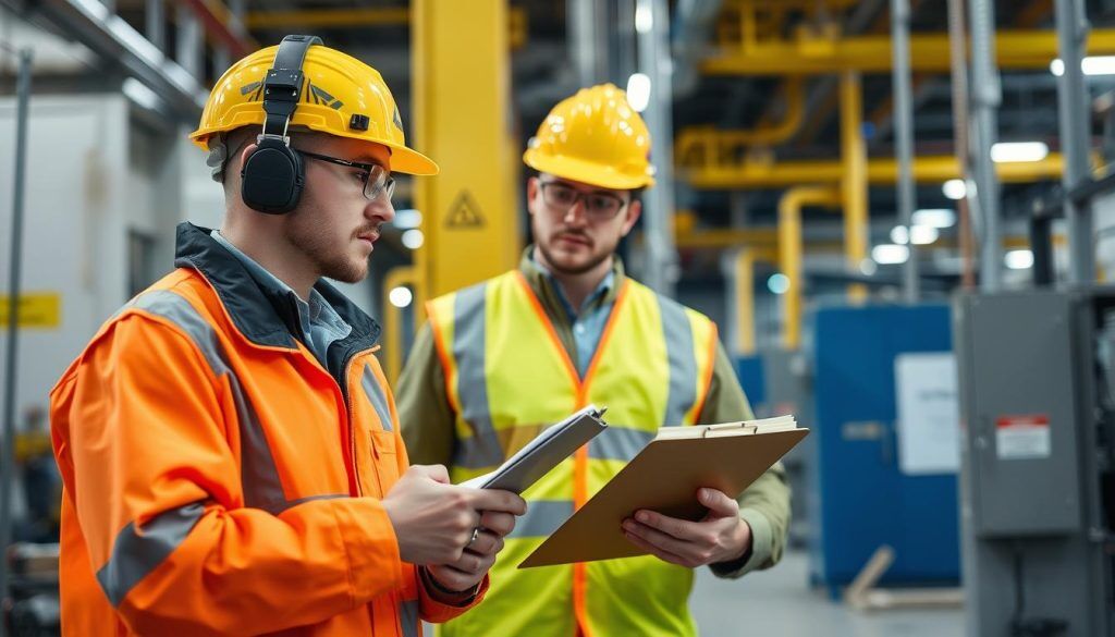 Inspector verifying safety compliance during visual inspection of industrial equipment Inspector verifying safety compliance during visual inspection of industrial equipment