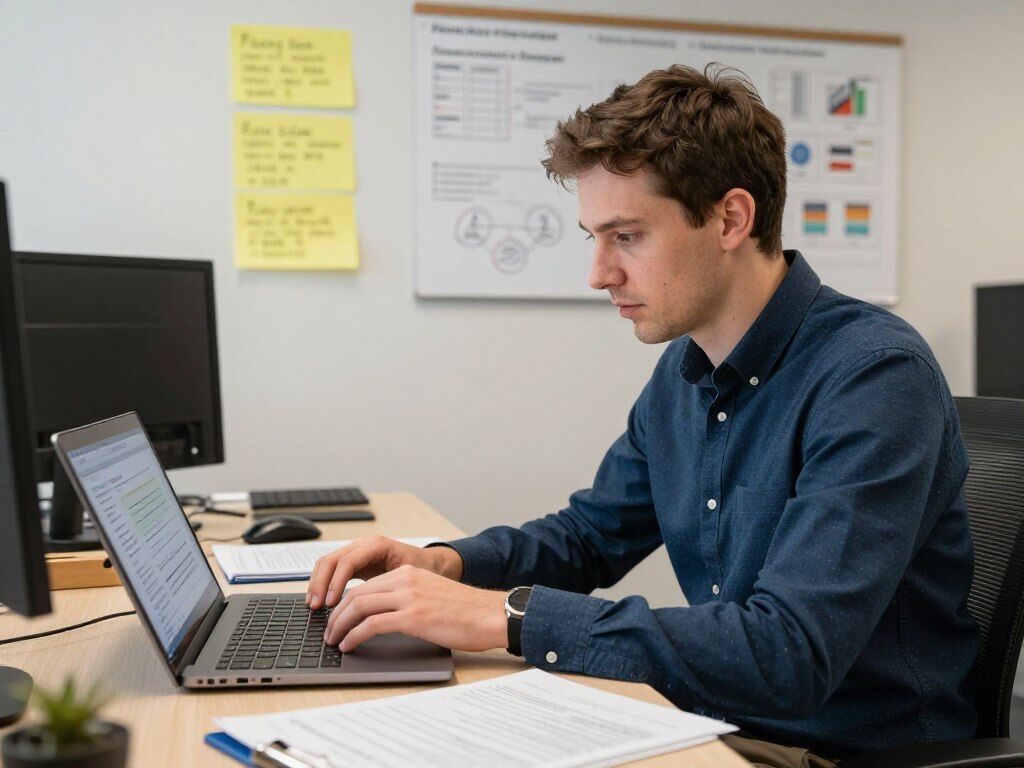 Kontor: person med laptop i lugn kontorsmiljö