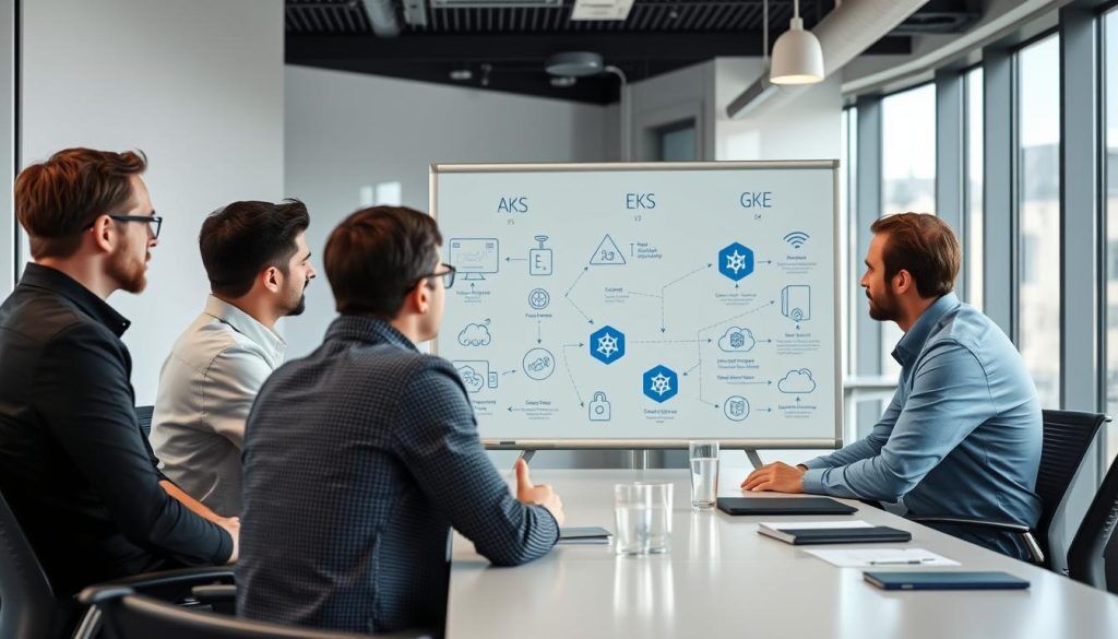 Kontorsarbetare som diskuterar AKS vs EKS vs GKE på ett möte Kontorsarbetare som diskuterar AKS vs EKS vs GKE på ett möte