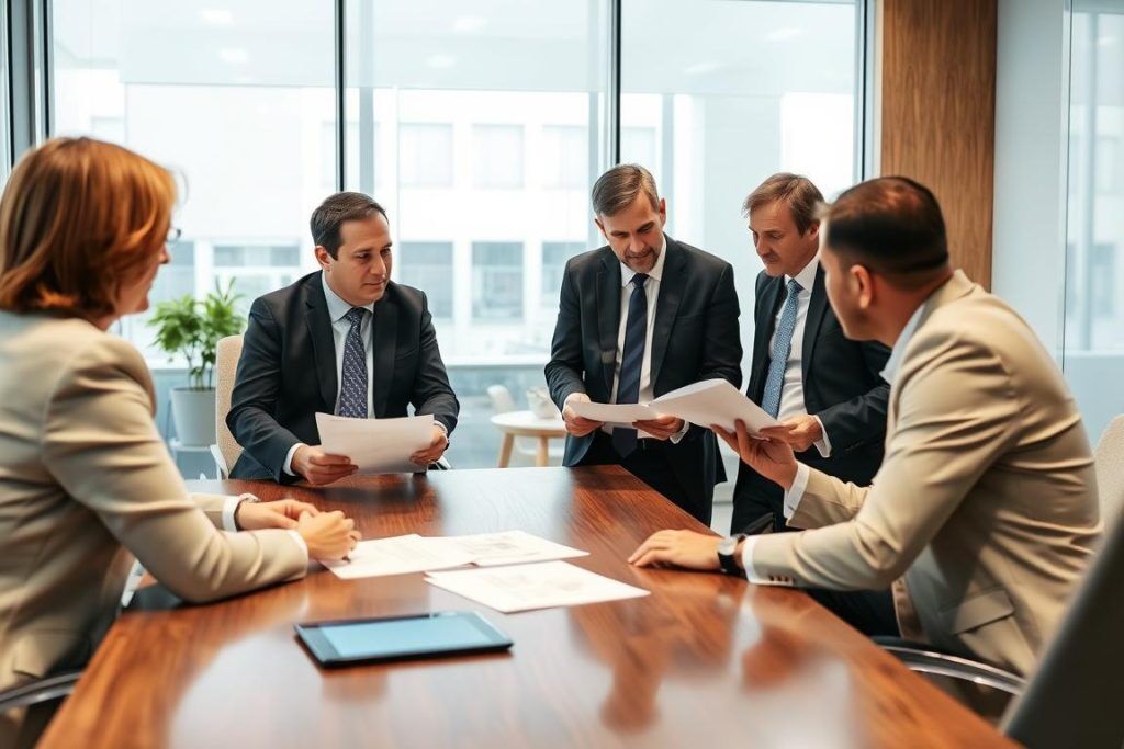 Ledningsgrupp diskuterar DORA compliance-strategi i kontorsmiljö