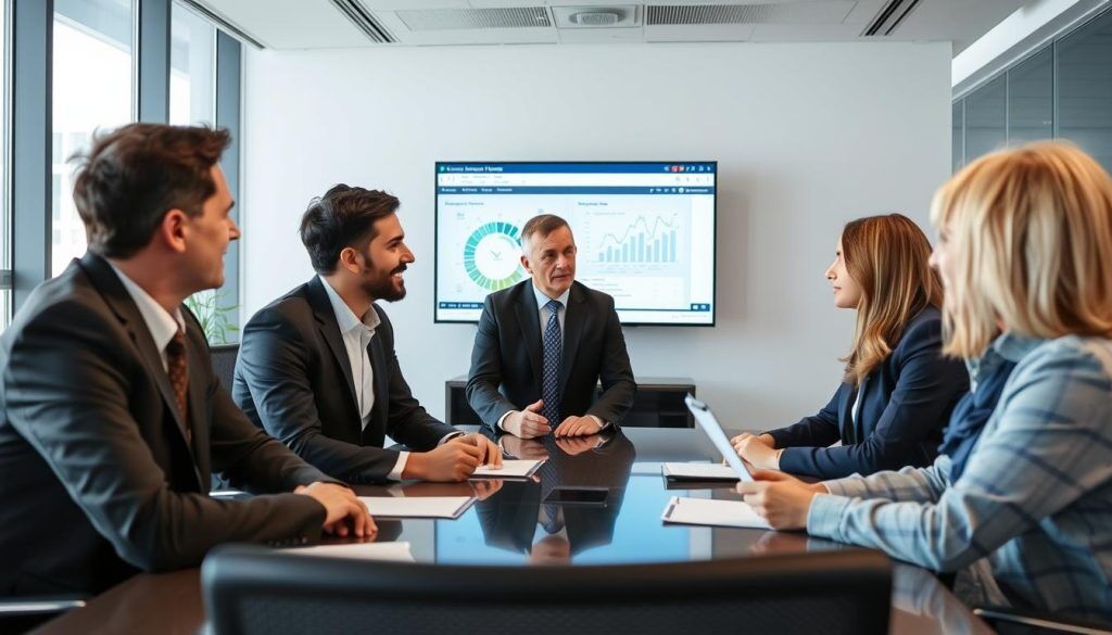 Ledningsgrupp som diskuterar affärsfördelar med applikationsövervakning i kontorsmiljö Ledningsgrupp som diskuterar affärsfördelar med applikationsövervakning i kontorsmiljö