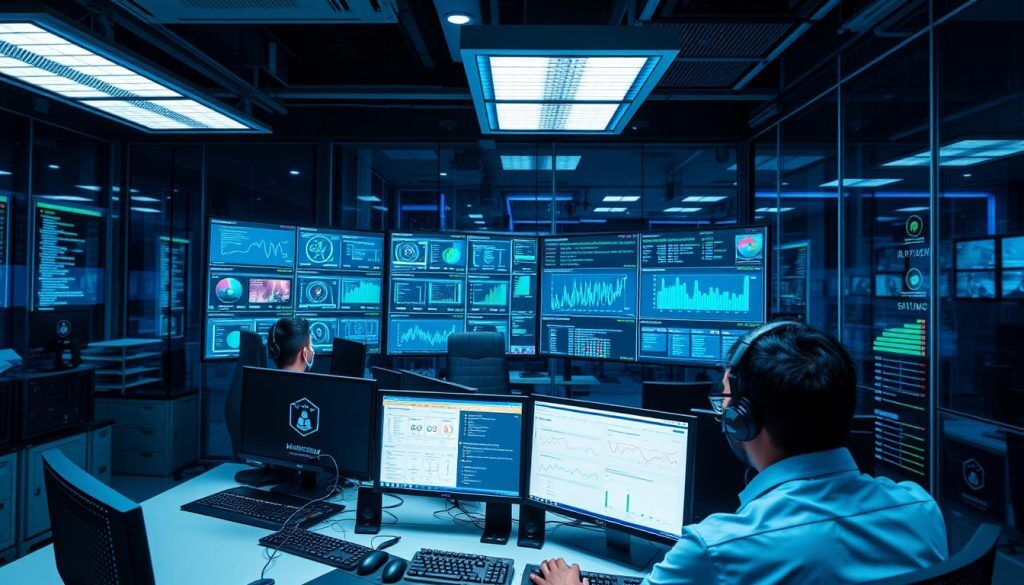 Modern IT operations center in Bangalore with technicians monitoring multiple screens