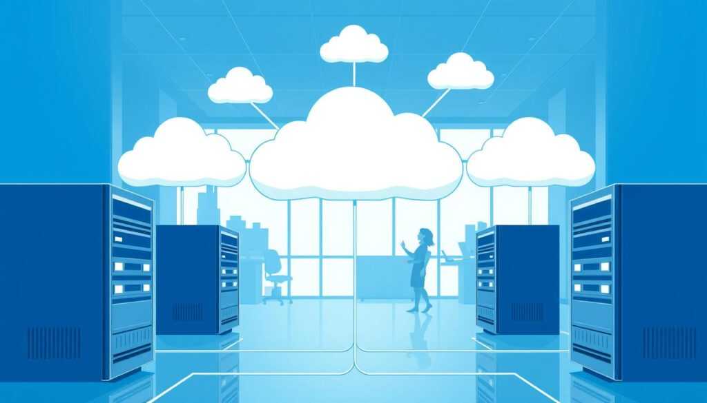 Molndrift infrastruktur med servrar och molnsymboler för företag