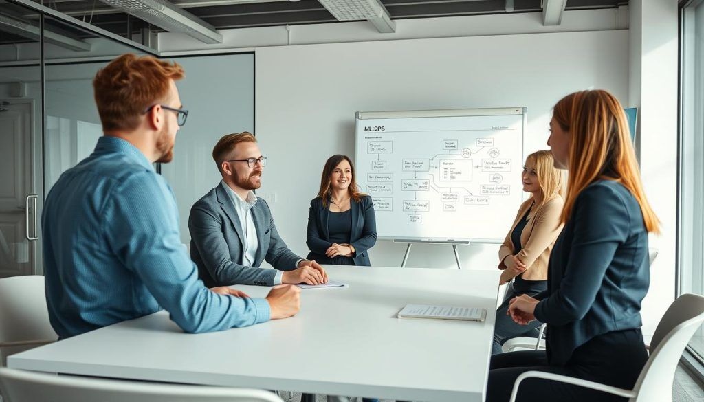 Norsk team som diskuterer MLOps utfordringer i et møterom