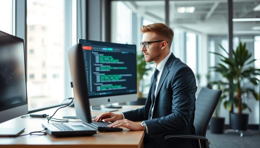 Profesjonell IT-sikkerhetsspesialist som utfører penetrasjonstesting på et kontor Profesjonell IT-sikkerhetsspesialist som utfører penetrasjonstesting på et kontor