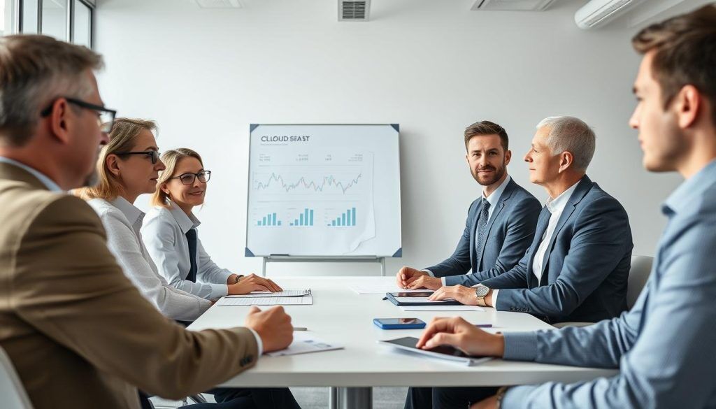 Profesjonelle som diskuterer FinOps kostnadsstyring skyen i et moderne kontormiljø