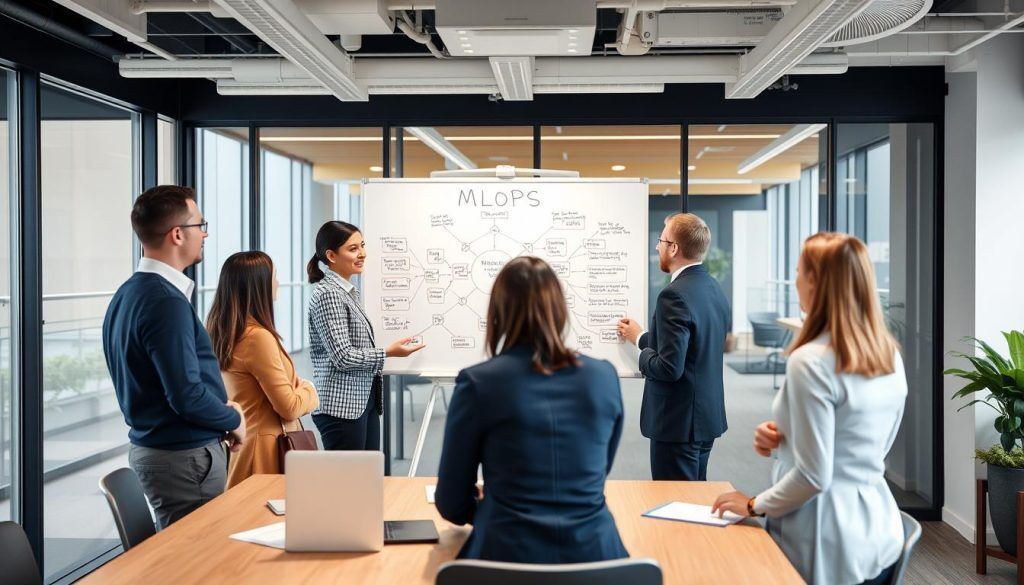 Profesjonelle som samarbeider om MLOps strategi i et norsk kontormiljø