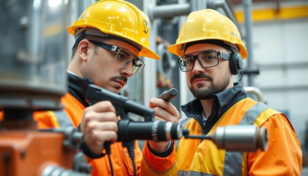 Professional inspector conducting visual inspection of industrial equipment Professional inspector conducting visual inspection of industrial equipment