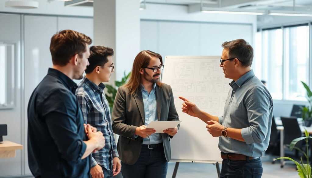 Professionell IT-arkitekt förklarar Kubernetes-komponenter för kollegor i kontorsmiljö