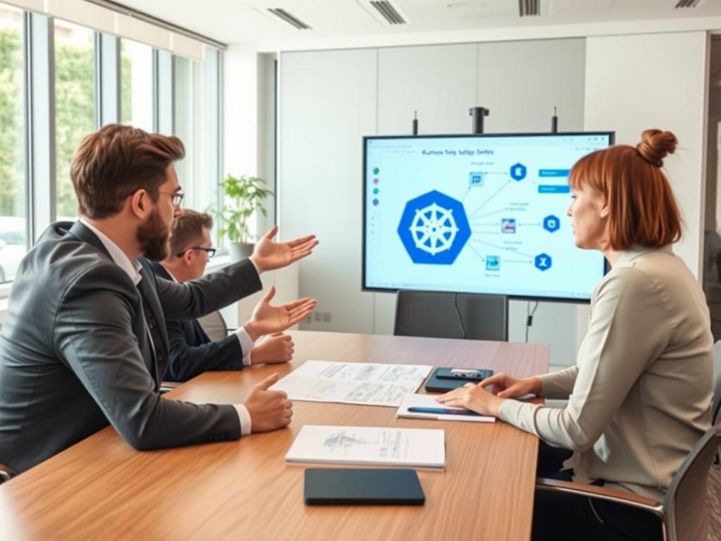 Professionell IT-arkitekt som förklarar Kubernetes skalbarhet för kollegor i ett konferensrum