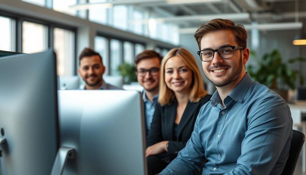 Professionellt IT-team från Opsio i kontorsmiljö Professionellt IT-team från Opsio i kontorsmiljö