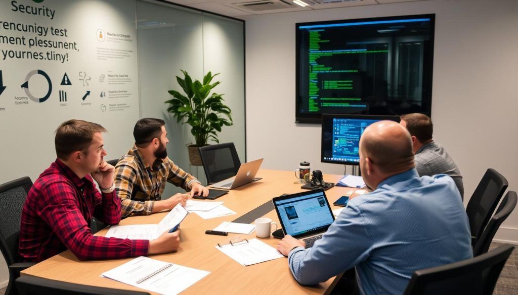 Säkerhetsteam som diskuterar resultat från penetrationstest och planerar åtgärder