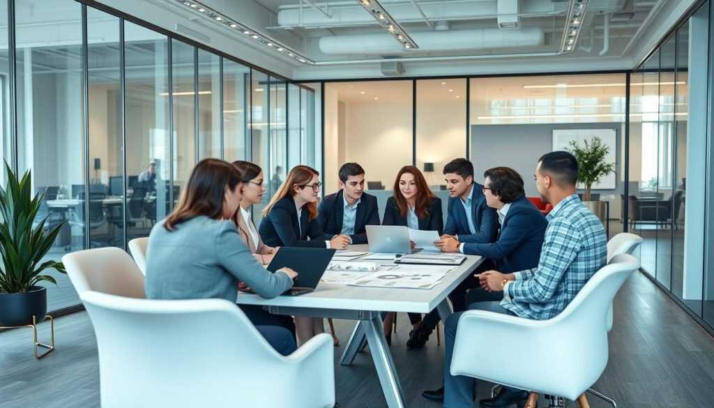 Samarbete mellan Opsio och kund i modern kontorsmiljö