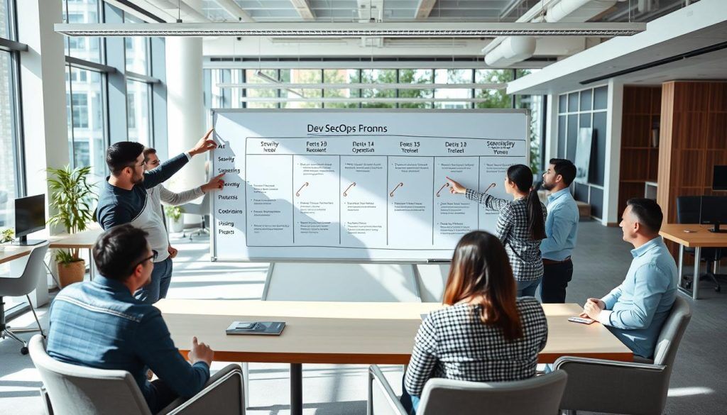 Strukturerad DevSecOps implementering med tydliga steg visualiserade i kontorsmiljö