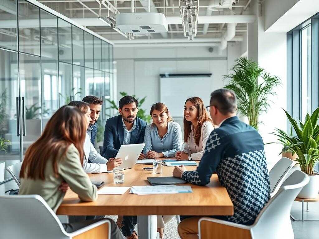 Team diskuterar Azure Kubernetes Service i modern kontorsmiljö