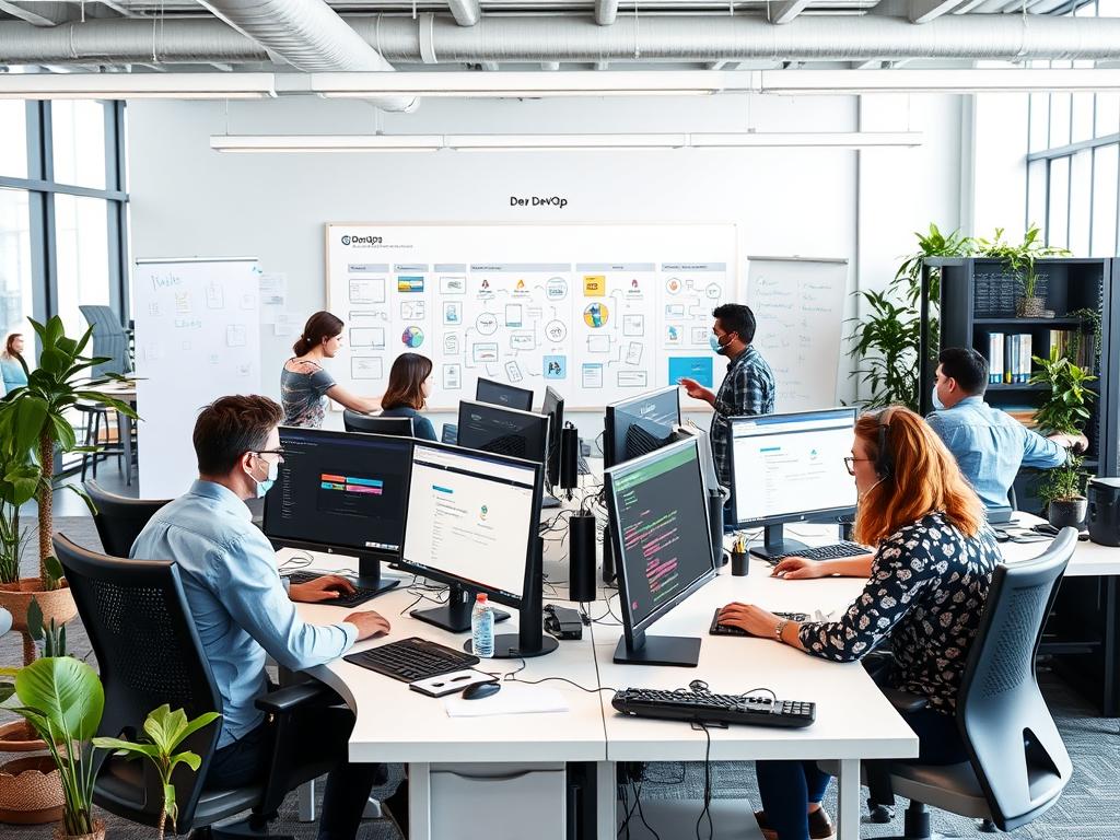 Team som arbetar med DevOps systemutveckling i ett modernt kontorslandskap Team som arbetar med DevOps systemutveckling i ett modernt kontorslandskap