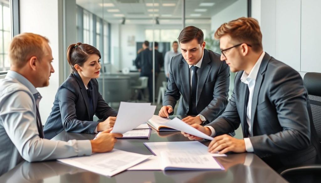 Team som arbetar med dokumentation för DORA compliance i kontorsmiljö