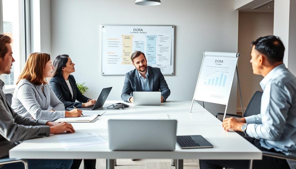 Team som diskuterar DORA compliance-strategier vid ett konferensbord