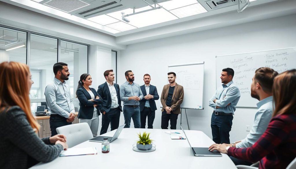 Team som diskuterar Kubernetes-användningsfall i ett mötesrum Team som diskuterar Kubernetes-användningsfall i ett mötesrum