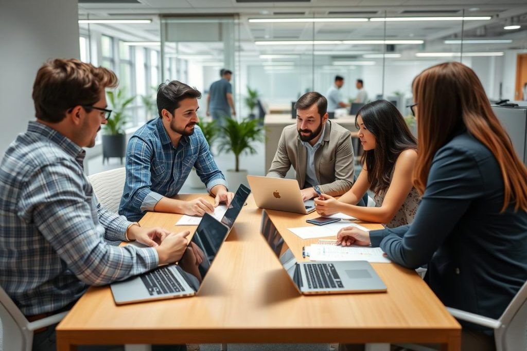 Team som diskuterar feedback och förbättringar i DevOps systemutveckling Team som diskuterar feedback och förbättringar i DevOps systemutveckling