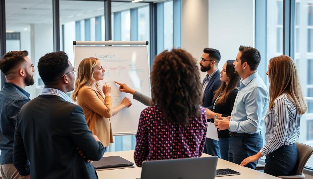 Team som diskuterar prediktiva insikter från AIOps-plattform