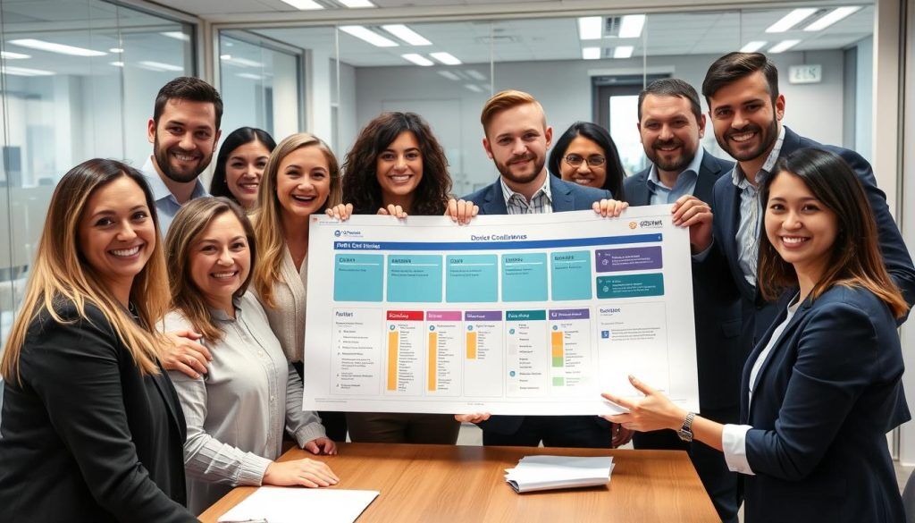 Team som firar framgångsrik DORA compliance-implementering i kontorsmiljö