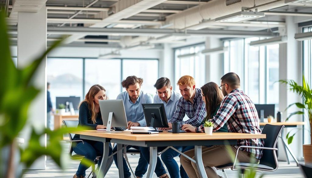 Team som samarbetar kring DevOps systemutveckling i ett ljust kontorslandskap Team som samarbetar kring DevOps systemutveckling i ett ljust kontorslandskap