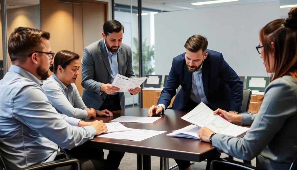 Team som utvärderar resultat från resiliens-testning för DORA compliance i kontorsmiljö