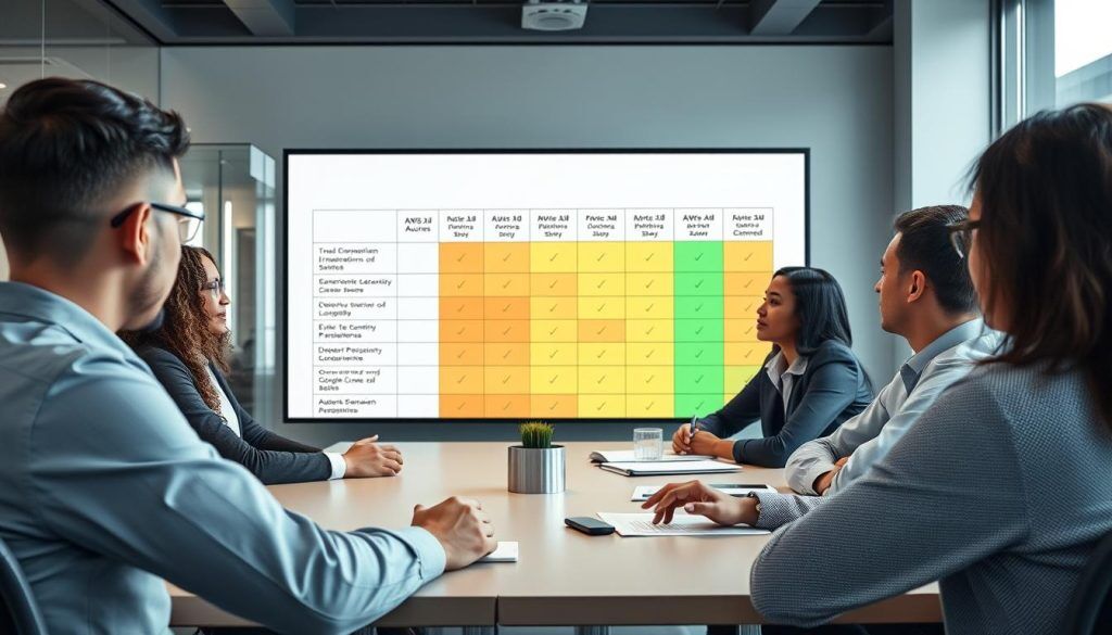 Team using cloud provider comparison decision matrix in meeting room