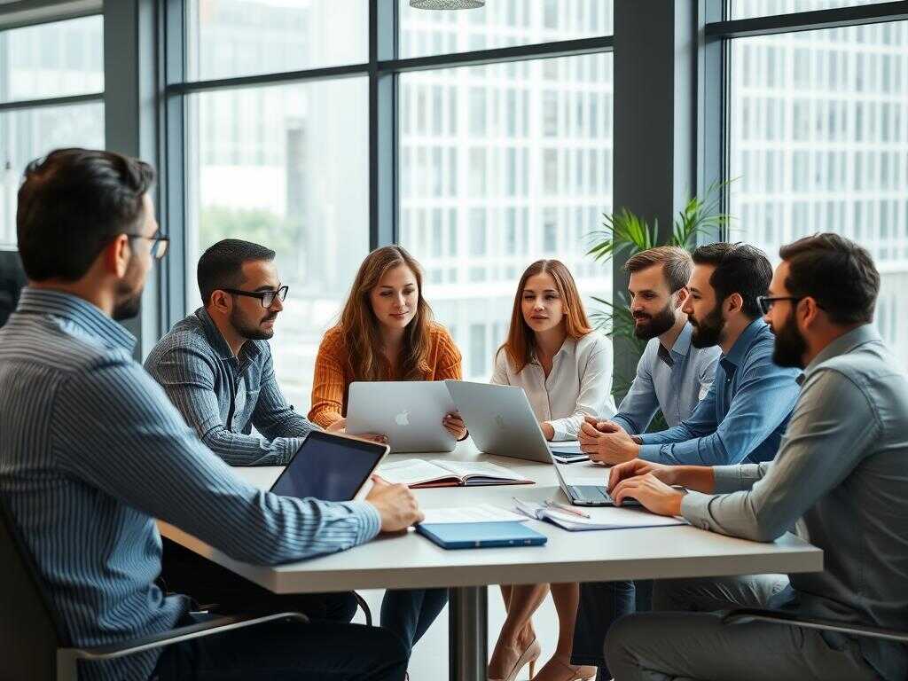 Teamet diskuterar applikationsdrift i ett modernt kontorslandskap