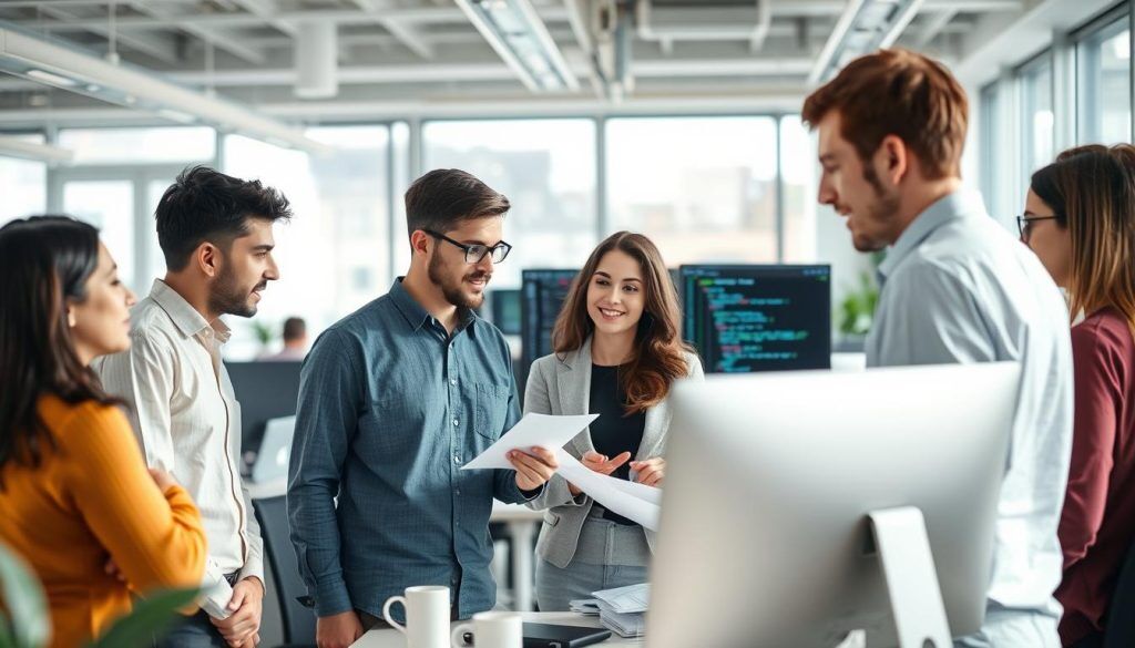 Utvecklare som analyserar kodkvalitet med AI-verktyg i kontorsmiljö