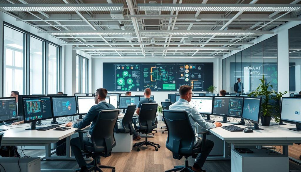 Utvecklare som arbetar med AI systemutveckling i en modern kontorsmiljö