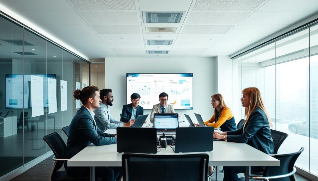 Utvecklingsteam som arbetar med DevSecOps implementering i en modern kontorsmiljö