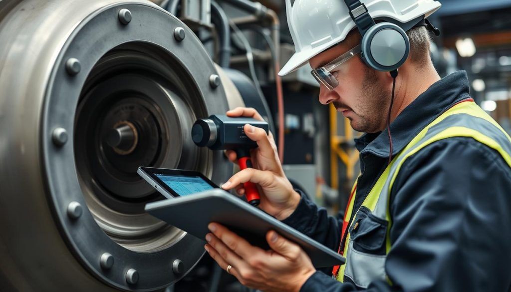 Visual inspection technician examining industrial equipment with specialized tools Visual inspection technician examining industrial equipment with specialized tools