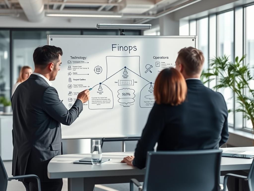 Visualisering av FinOps kostnadsstyring skyen som viser samspillet mellom økonomi, teknologi og drift Visualisering av FinOps kostnadsstyring skyen som viser samspillet mellom økonomi, teknologi og drift