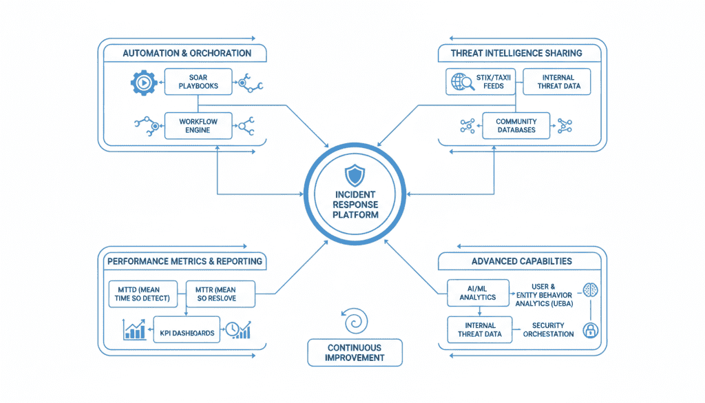 Advanced incident response capabilities showing automation, intelligence sharing, and metrics