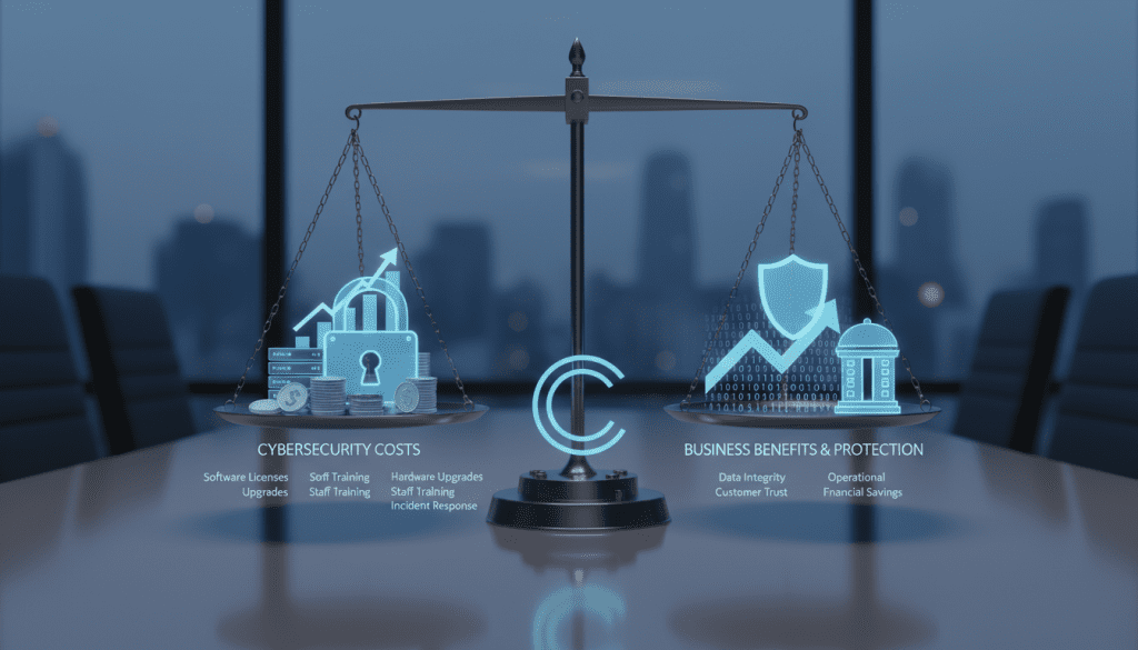 Balance scale showing cybersecurity costs on one side and business benefits on the other