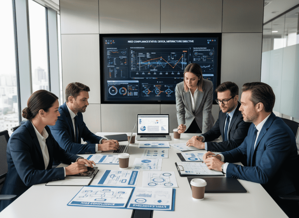 Business executives reviewing NIS2 compliance documentation in a modern office setting