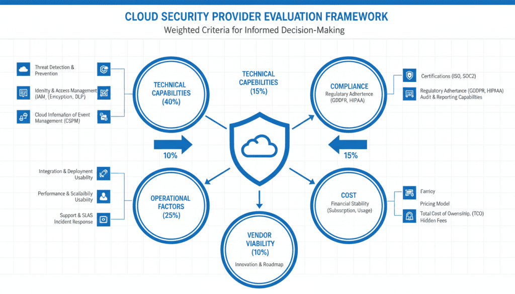 Cloud security provider evaluation framework showing weighted criteria categories