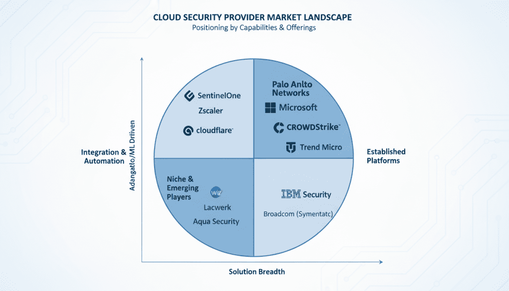 Cloud security provider market landscape showing positioning of major vendors