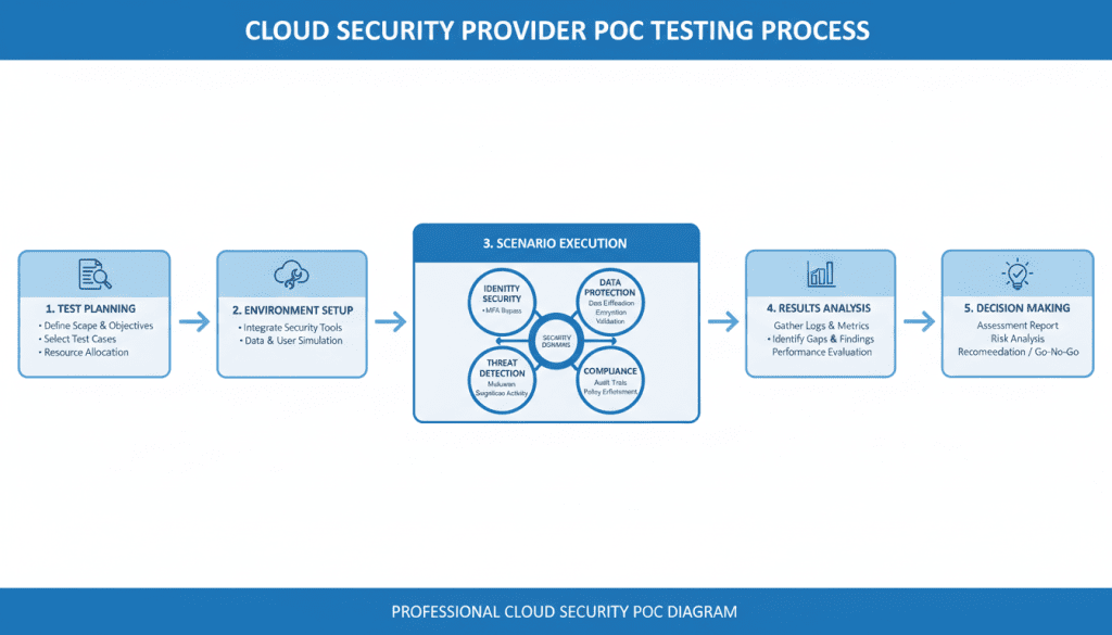 Cloud security provider proof of concept testing process showing key validation scenarios