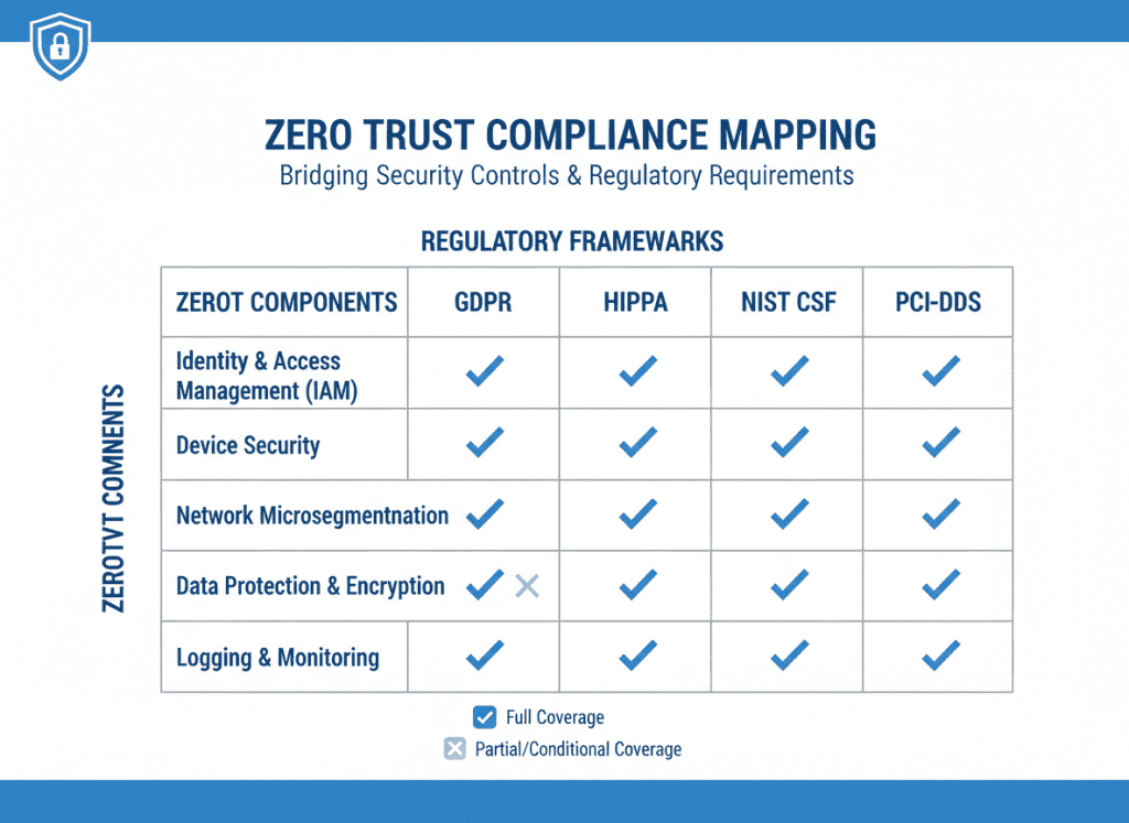 Compliance mapping showing how zero trust controls satisfy various regulatory frameworks