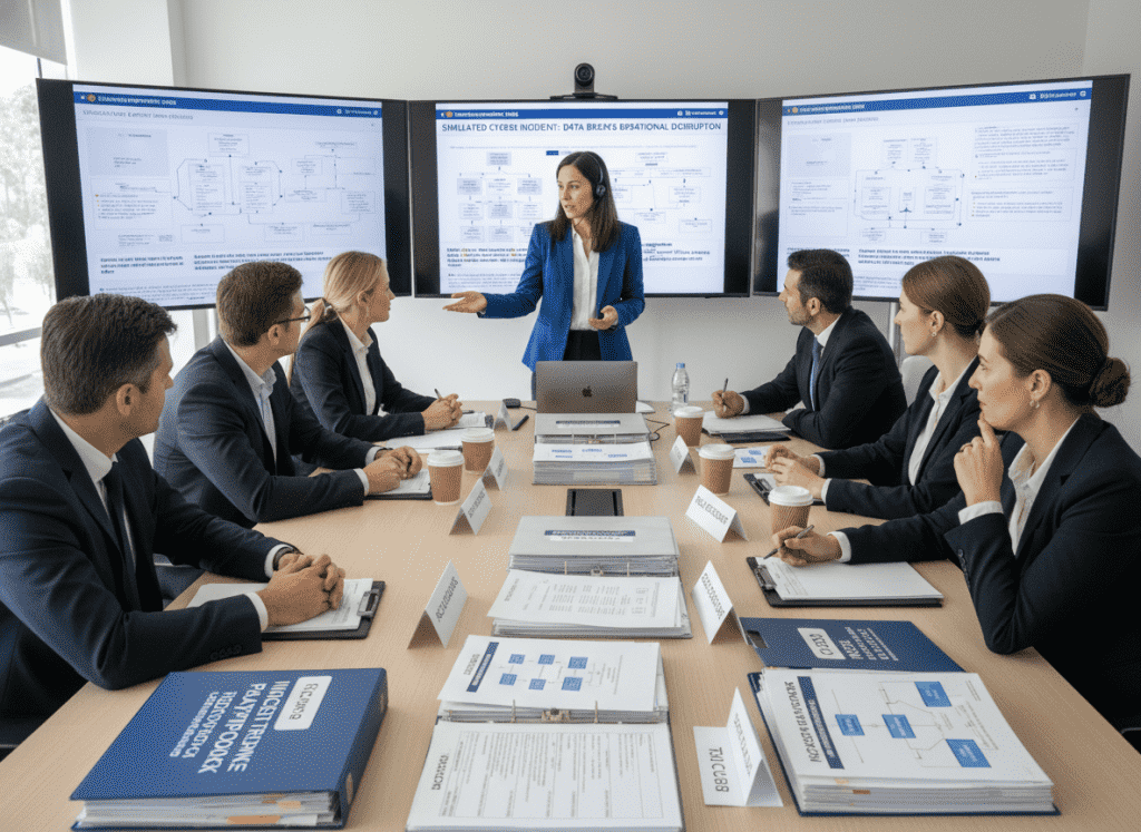 Cross-functional team conducting NIS2 incident response tabletop exercise