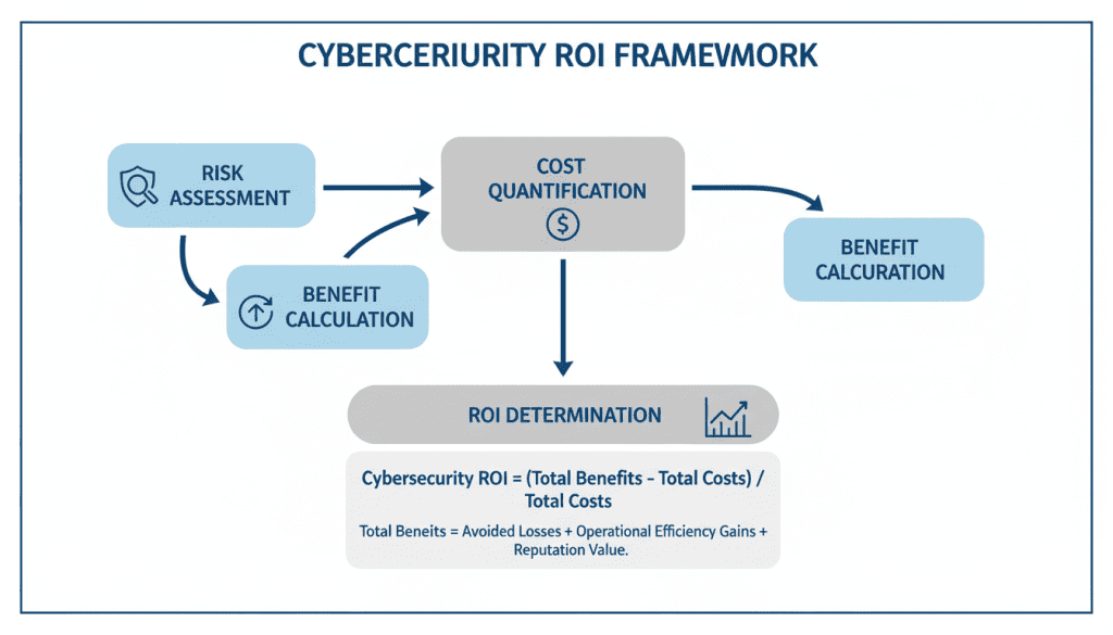 Cybersecurity cost-benefit analysis framework showing ROI calculation methodology