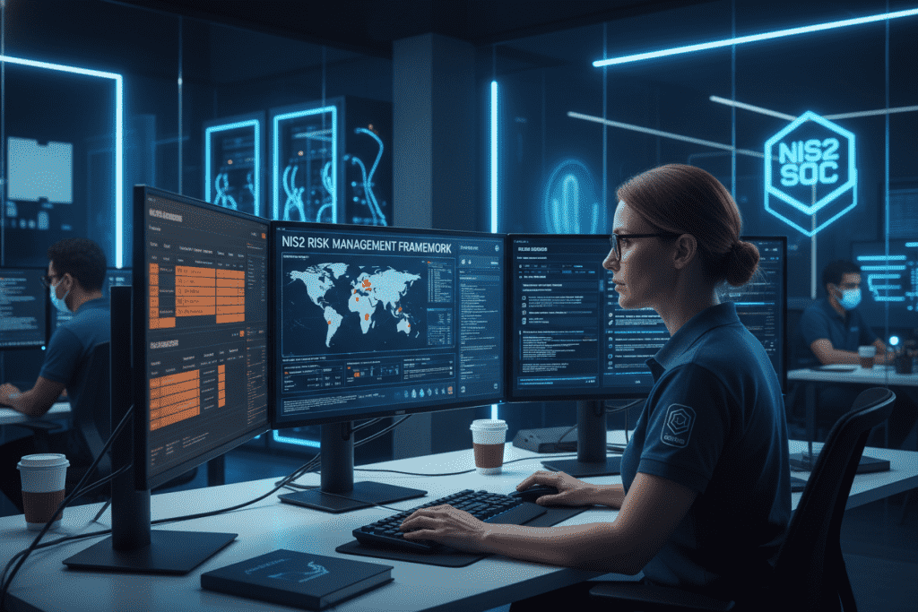 Cybersecurity professional implementing NIS2 risk management measures on computer systems