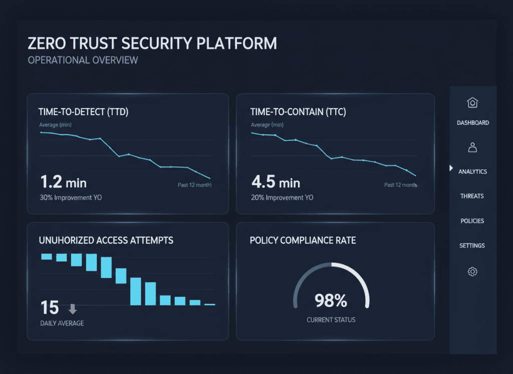 Dashboard showing key zero trust effectiveness metrics including time-to-detect, time-to-contain, and policy compliance rates