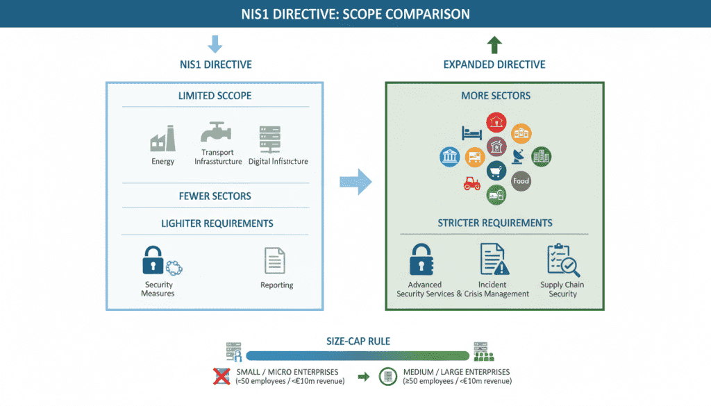 Diagram showing the expanded scope of NIS2 compared to the original NIS Directive