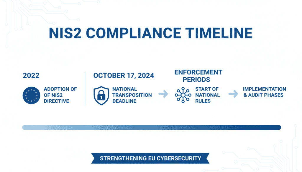 European Union cybersecurity regulation NIS2 compliance timeline showing key dates and deadlines