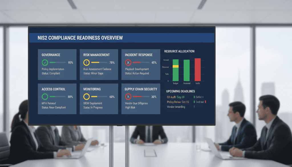 Executive dashboard showing NIS2 compliance readiness status across key control areas