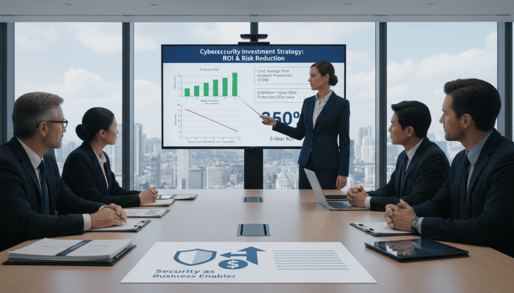 Executive presenting cybersecurity business case to board members
